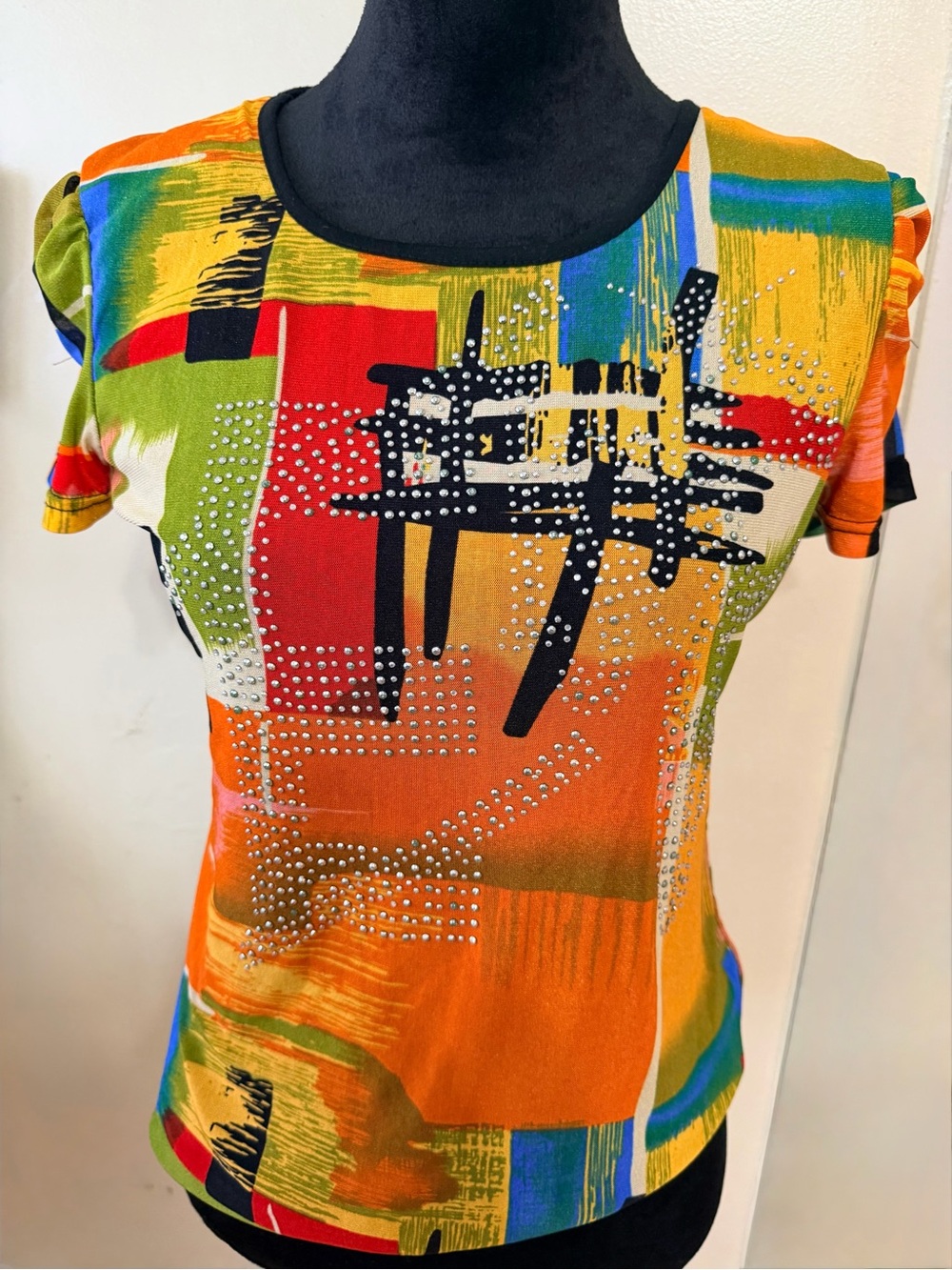 NWT- Vibrant Abstract Print Women's Top with Stud Detail - Orange